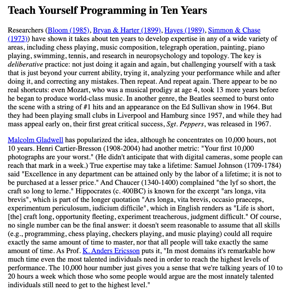 A screenshot about the article: teach yourself programming in ten years