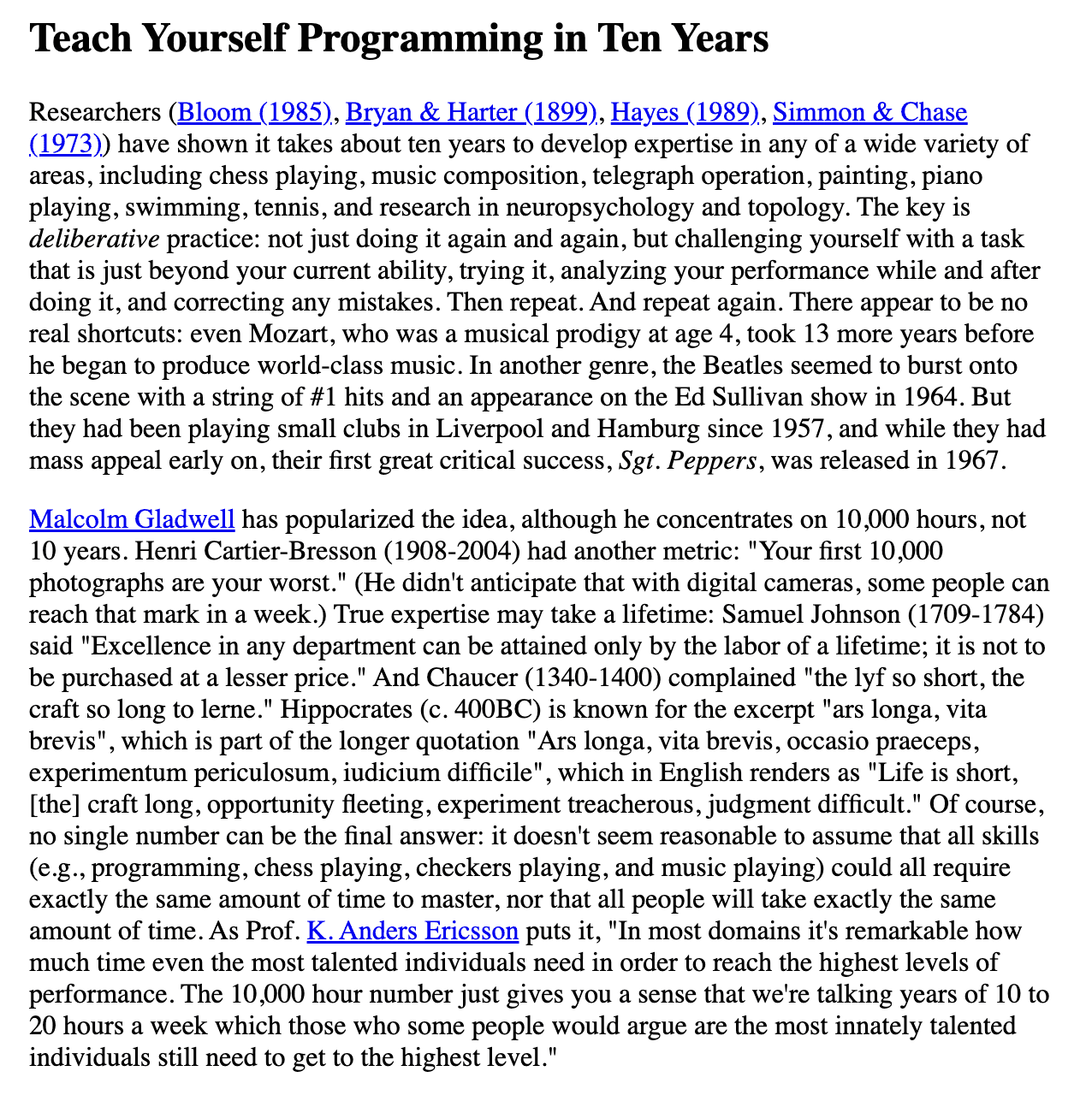 A screenshot about the article: teach yourself programming in ten years