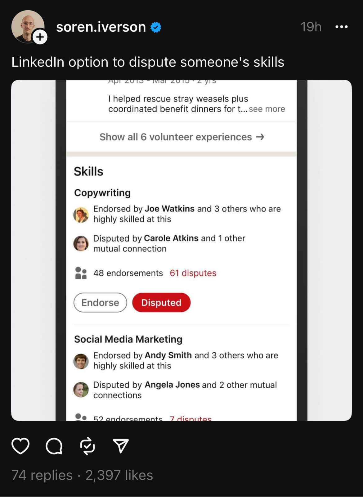 A screenshot from Thread with the title 'LinkedIn option to dispute someone's skills' showing a mockup of LinkedIn with the said title